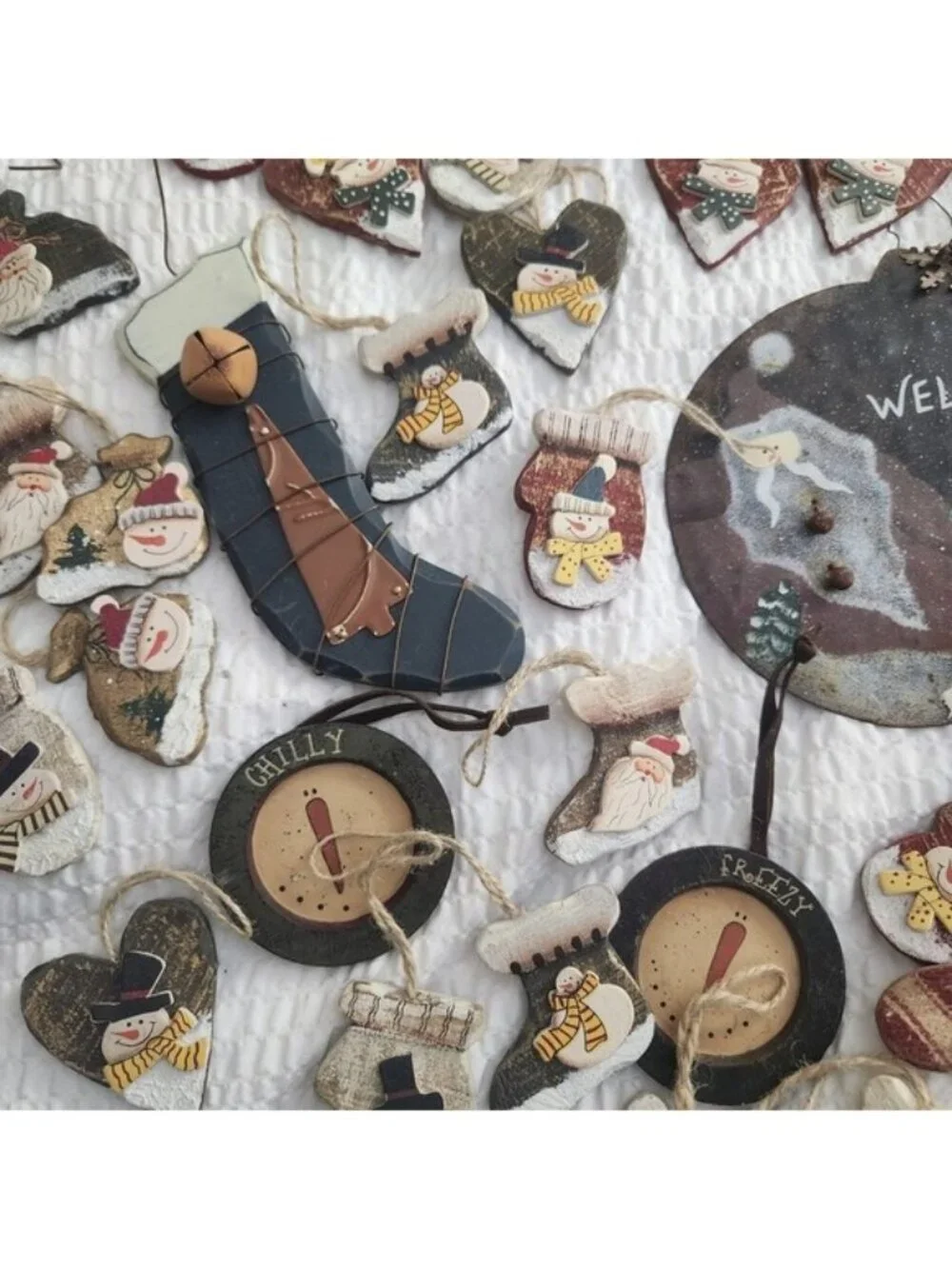 Vintage Rustic Christmas‎ Ornament Lot Primitive Folk Art Snowman Santa 30pc